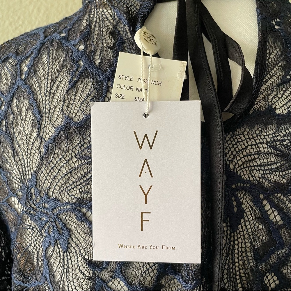 NWT WAYF Emma Puff Sleeve Lace Top Blouse Womens S Navy Floral Mock Neck Elegant - Picture 15 of 15